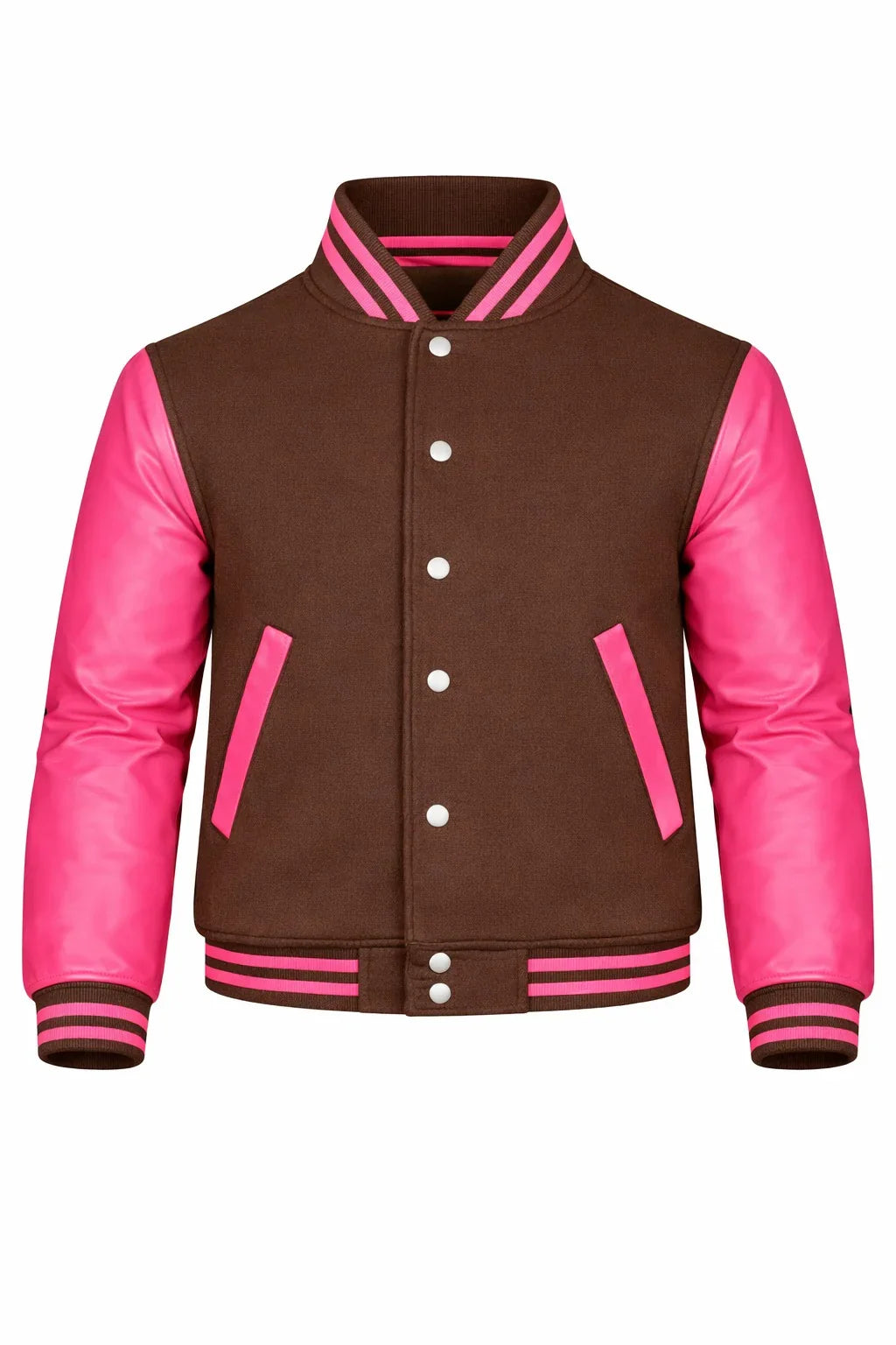 Brown Body Pink Sleeve Varsity Jacket – Custom Letterman Streetwear Jacket for Men & Women