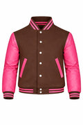 Brown Body Pink Sleeve Varsity Jacket – Custom Letterman Streetwear Jacket for Men & Women