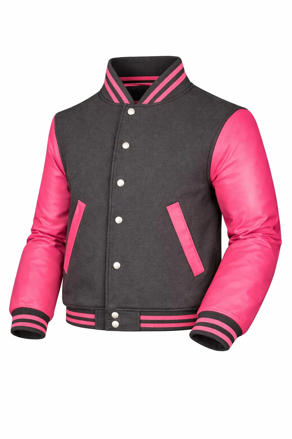Dark Gray Body Pink Sleeve Varsity Jacket – Custom Letterman Jacket Streetwear for Men & Women