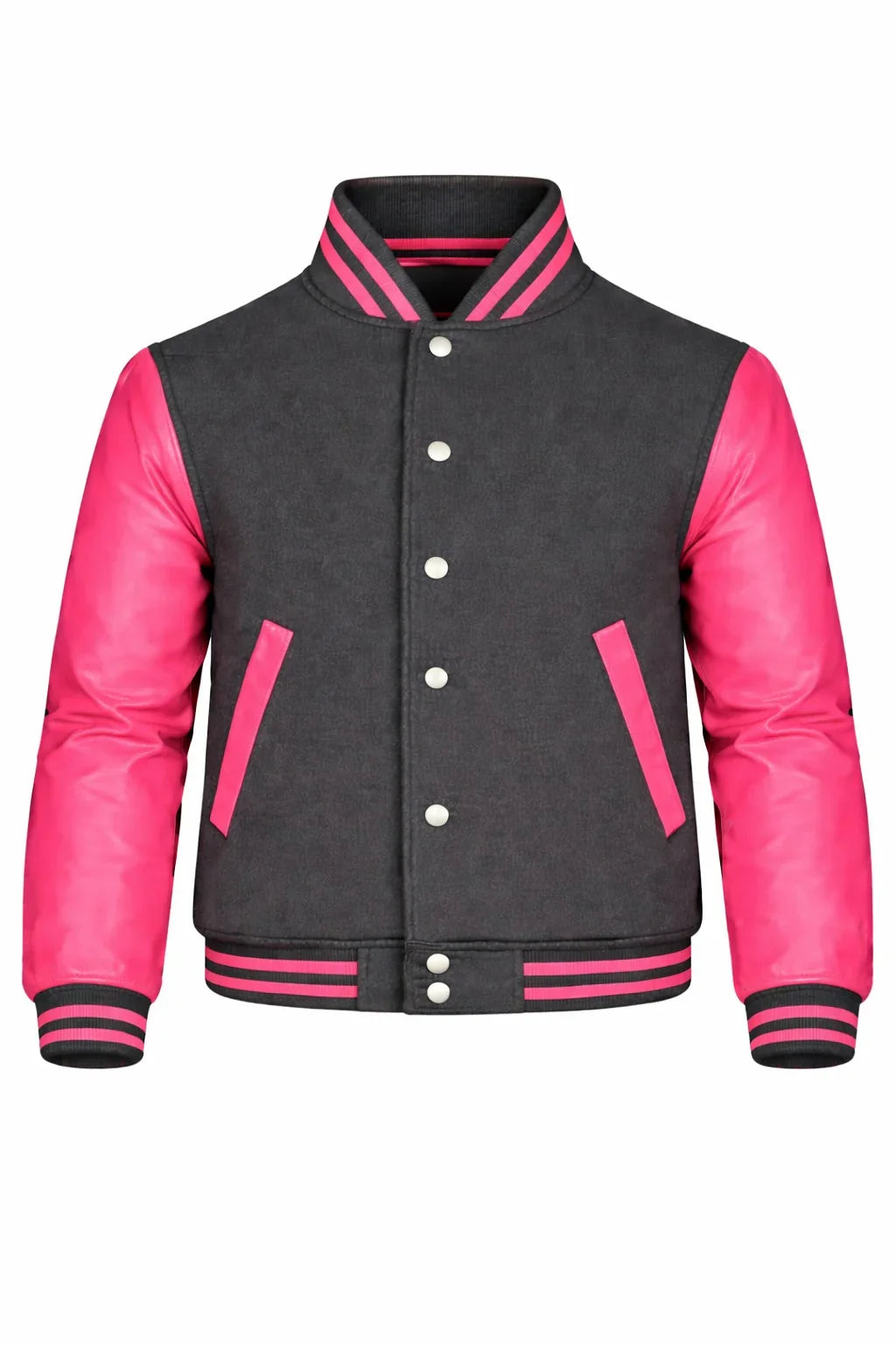 Dark Gray Body Pink Sleeve Varsity Jacket – Custom Letterman Jacket Streetwear for Men & Women