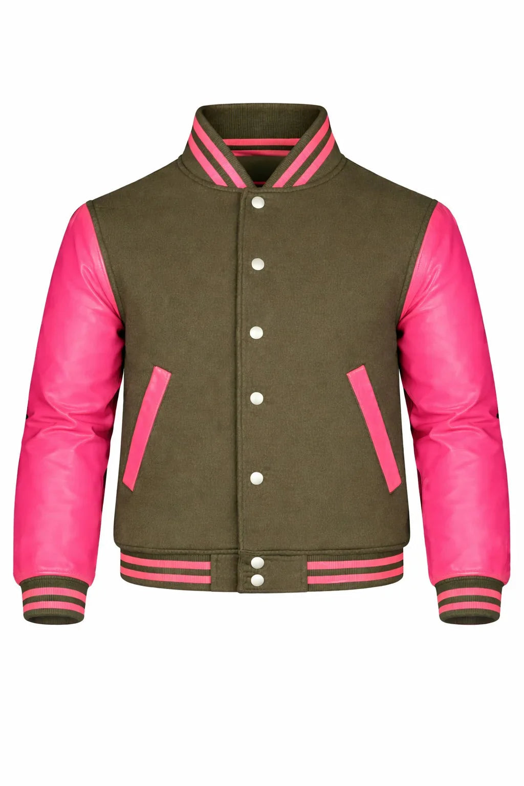 Olive Green Body Pink Sleeve Varsity Jacket – Custom Letterman Jacket Streetwear for Men & Women