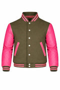 Olive Green Body Pink Sleeve Varsity Jacket – Custom Letterman Jacket Streetwear for Men & Women
