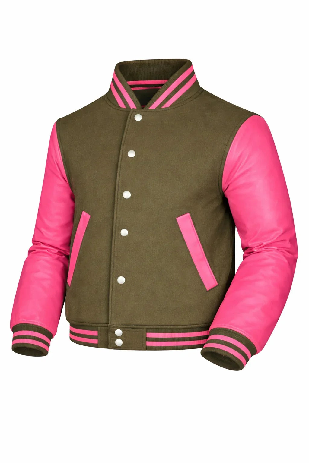 Olive Green Body Pink Sleeve Varsity Jacket – Custom Letterman Jacket Streetwear for Men & Women