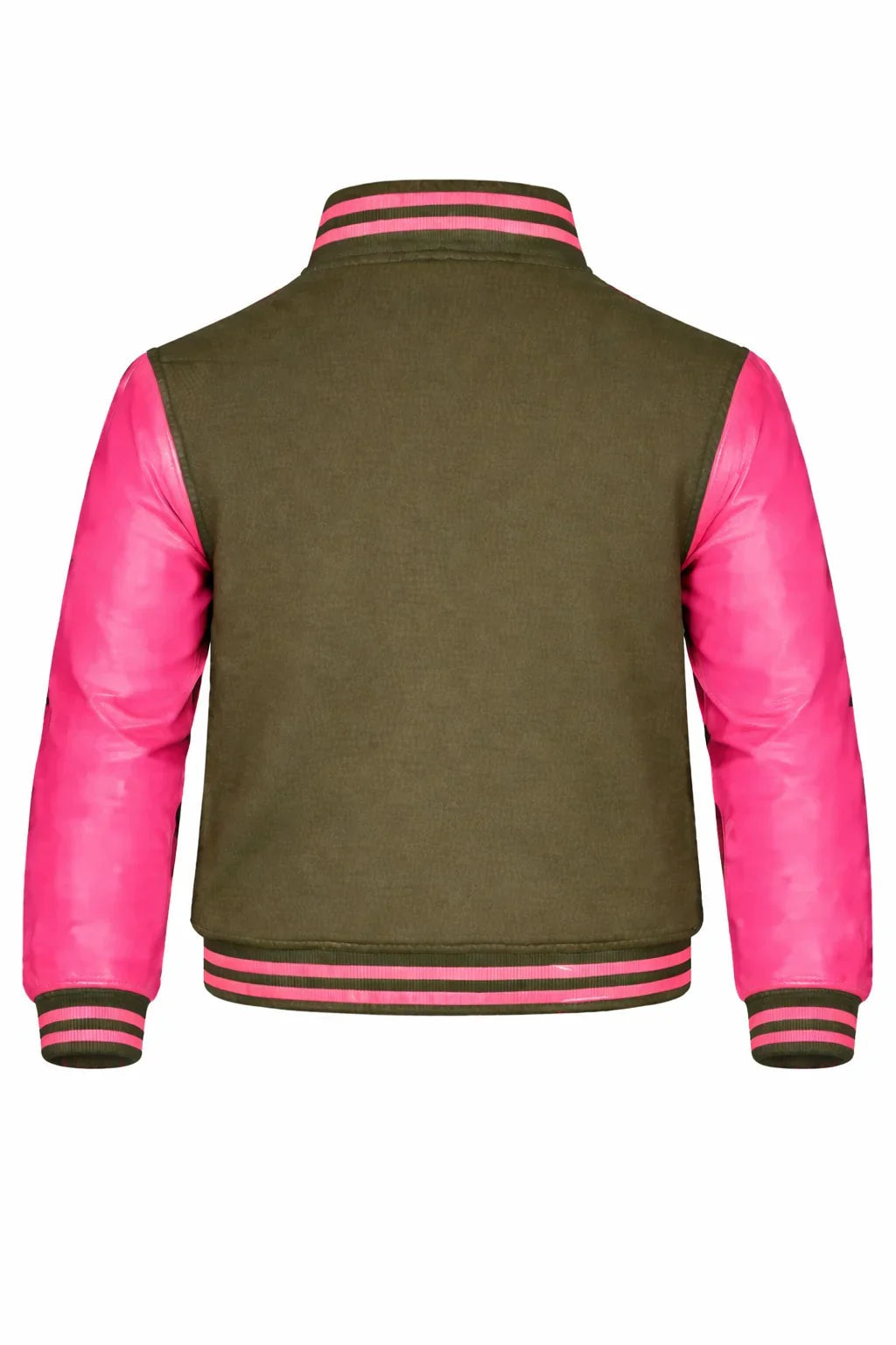 Olive Green Body Pink Sleeve Varsity Jacket – Custom Letterman Jacket Streetwear for Men & Women by DesignMyVarsity