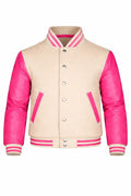 Beige Body Pink Sleeve Varsity Jacket – Custom Letterman Jacket Streetwear for Men & Women by DesignMyVarsity