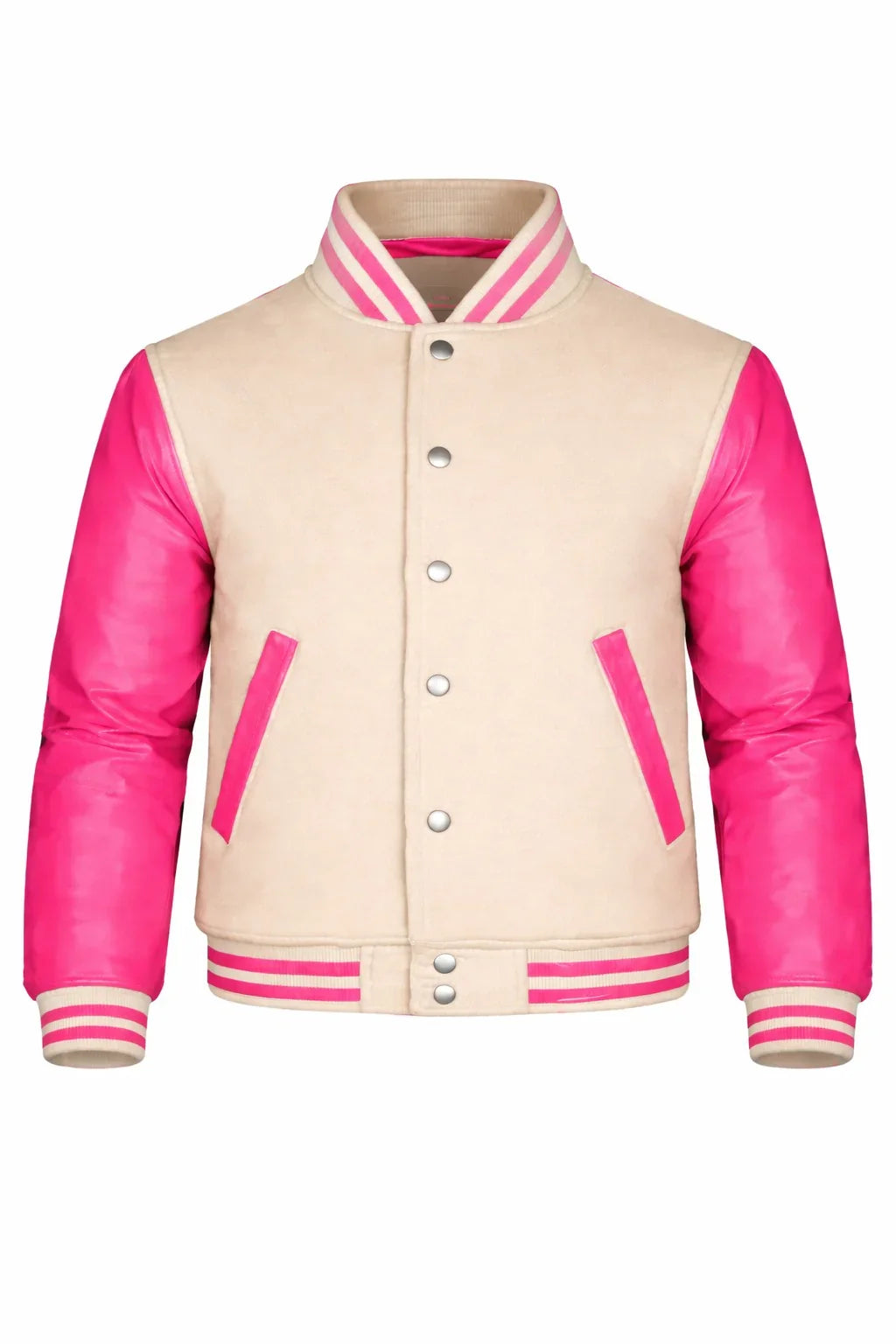 Beige Body Pink Sleeve Varsity Jacket – Custom Letterman Jacket Streetwear for Men & Women by DesignMyVarsity