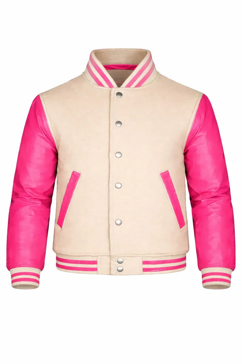 Beige Body Pink Sleeve Varsity Jacket – Custom Letterman Jacket Streetwear for Men & Women by DesignMyVarsity