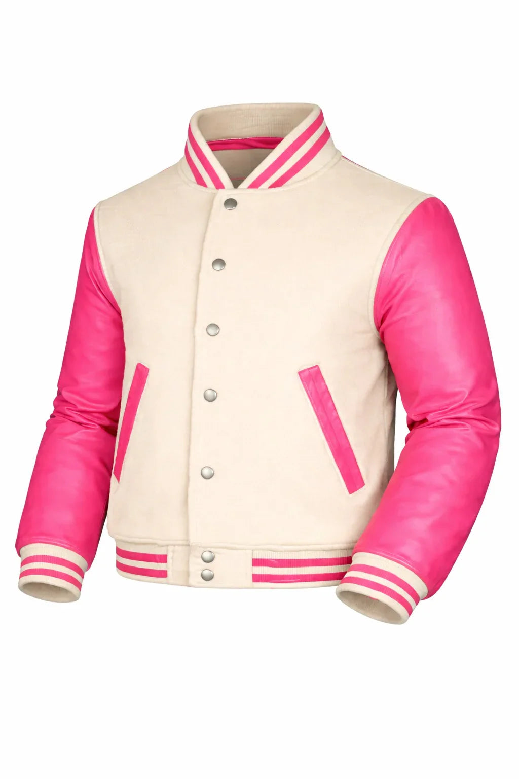 Beige Body Pink Sleeve Varsity Jacket – Custom Letterman Jacket Streetwear for Men & Women by DesignMyVarsity