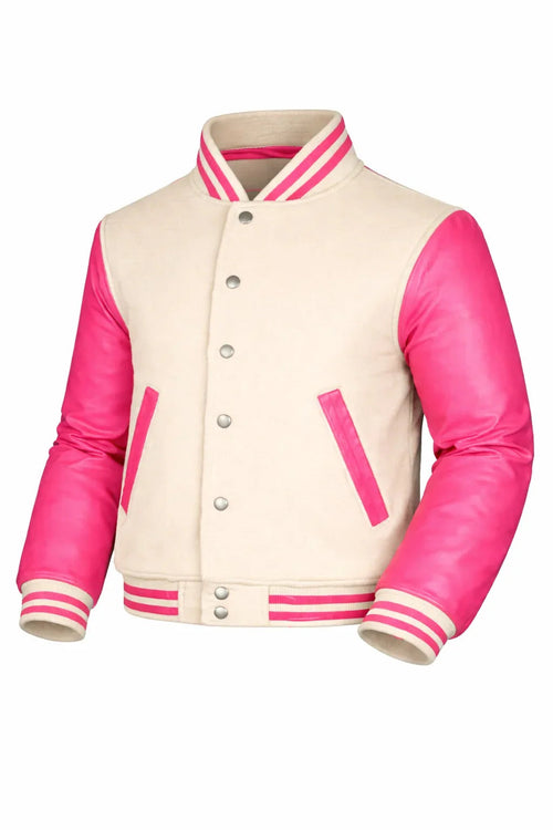 Beige Body Pink Sleeve Varsity Jacket – Custom Letterman Jacket Streetwear for Men & Women by DesignMyVarsity