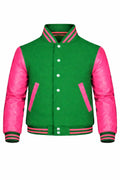 Green Body Pink Sleeve Varsity Jacket – Custom Letterman Jacket Streetwear for Men & Women by DesignMyVarsity