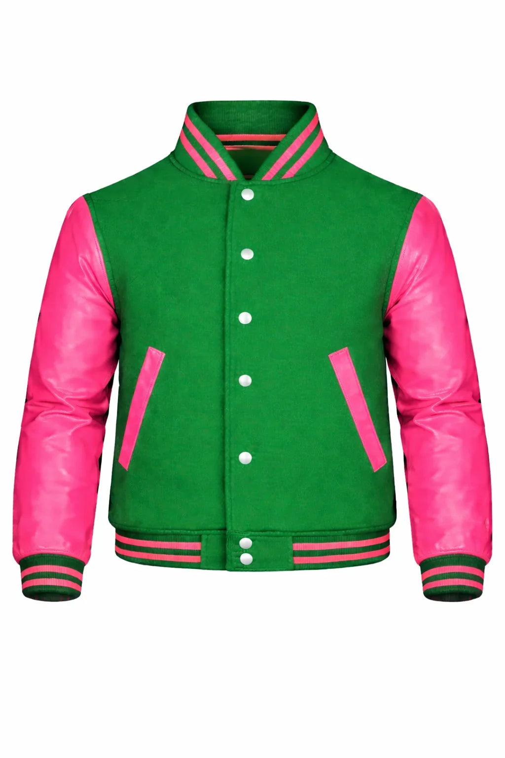 Green Body Pink Sleeve Varsity Jacket – Custom Letterman Jacket Streetwear for Men & Women by DesignMyVarsity