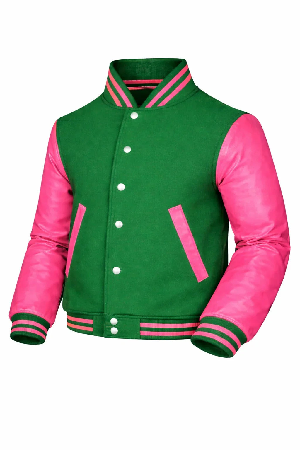 Green Body Pink Sleeve Varsity Jacket – Custom Letterman Jacket Streetwear for Men & Women by DesignMyVarsity