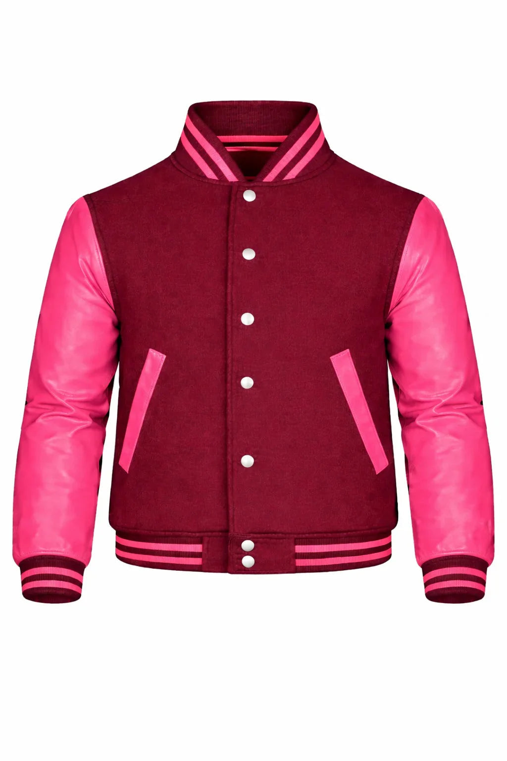 Maroon Body Pink Sleeve Varsity Jacket – Custom Letterman Jacket Streetwear for Men & Women by DesignMyVarsity