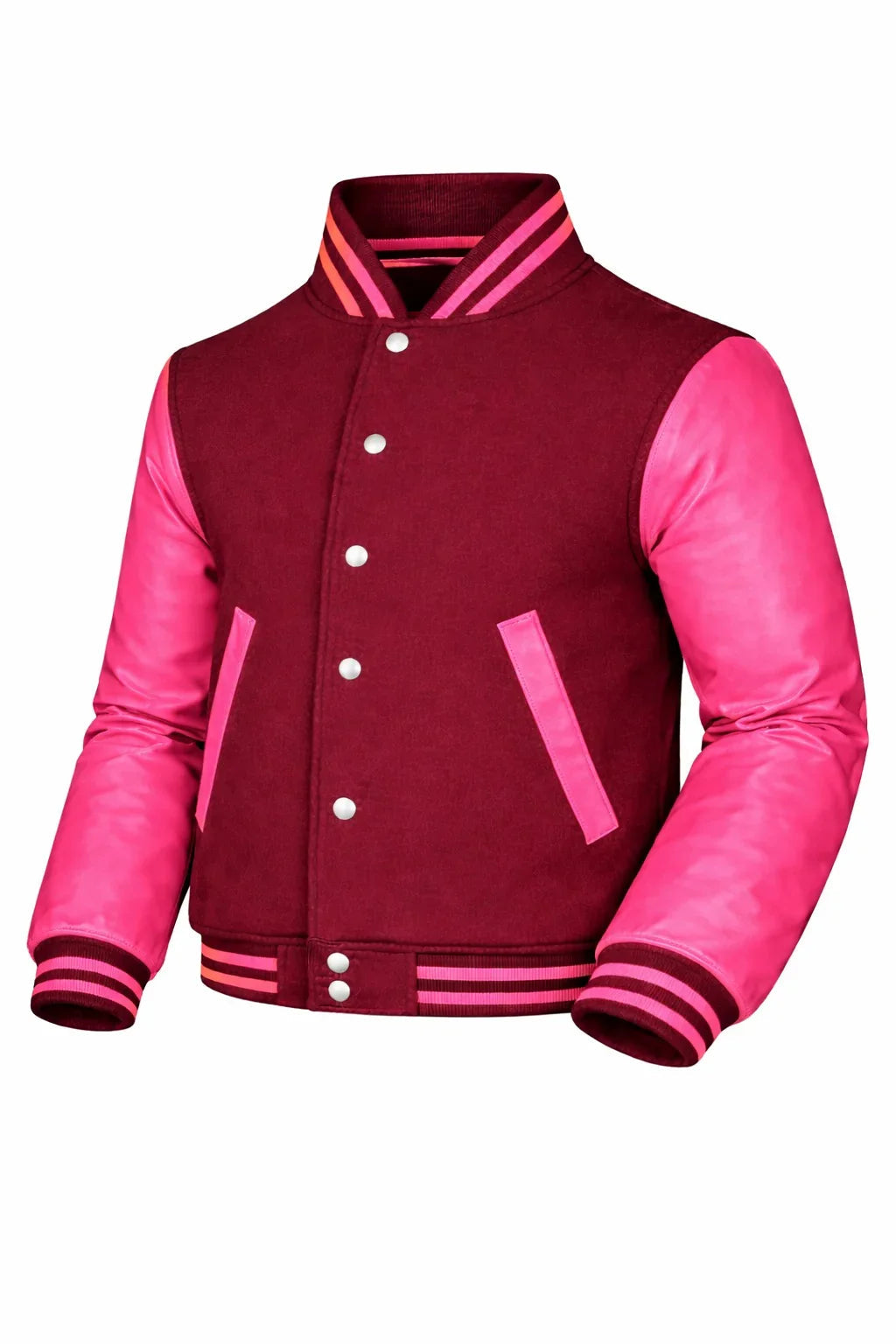 Maroon Body Pink Sleeve Varsity Jacket – Custom Letterman Jacket Streetwear for Men & Women by DesignMyVarsity