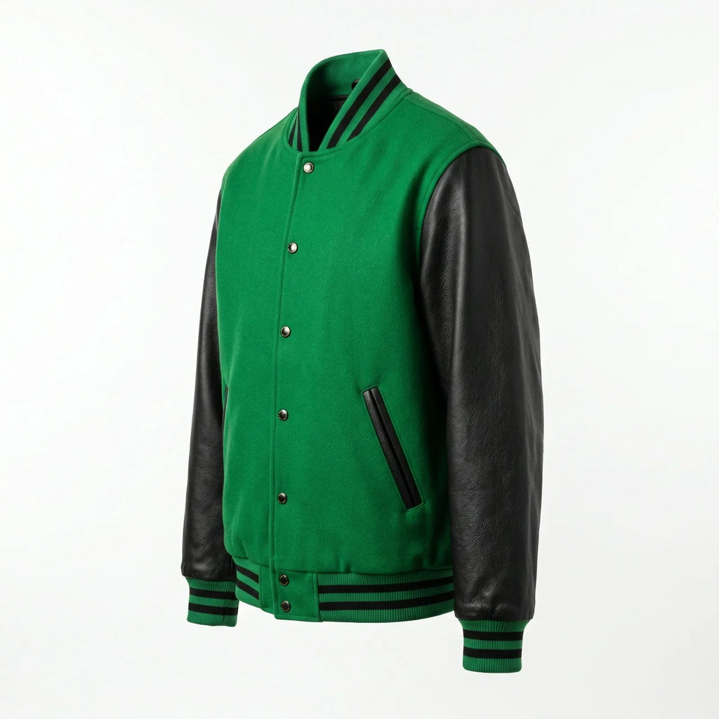 Kelly Green Body Black Sleeve Varsity Jacket – Custom Letterman Jacket Streetwear for Men & Women by DesignMyVarsity