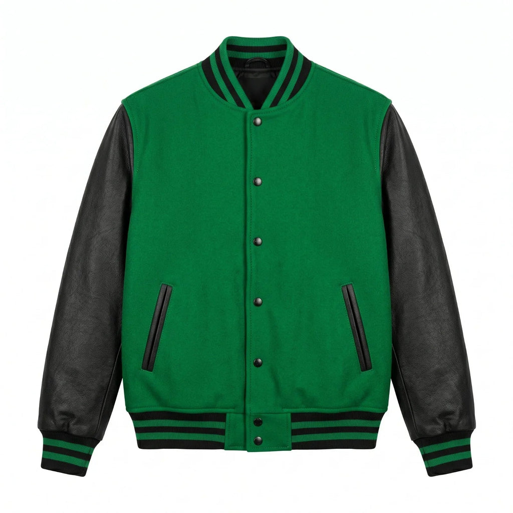 Kelly Green Body Black Sleeve Varsity Jacket – Custom Letterman Jacket Streetwear for Men & Women by DesignMyVarsity
