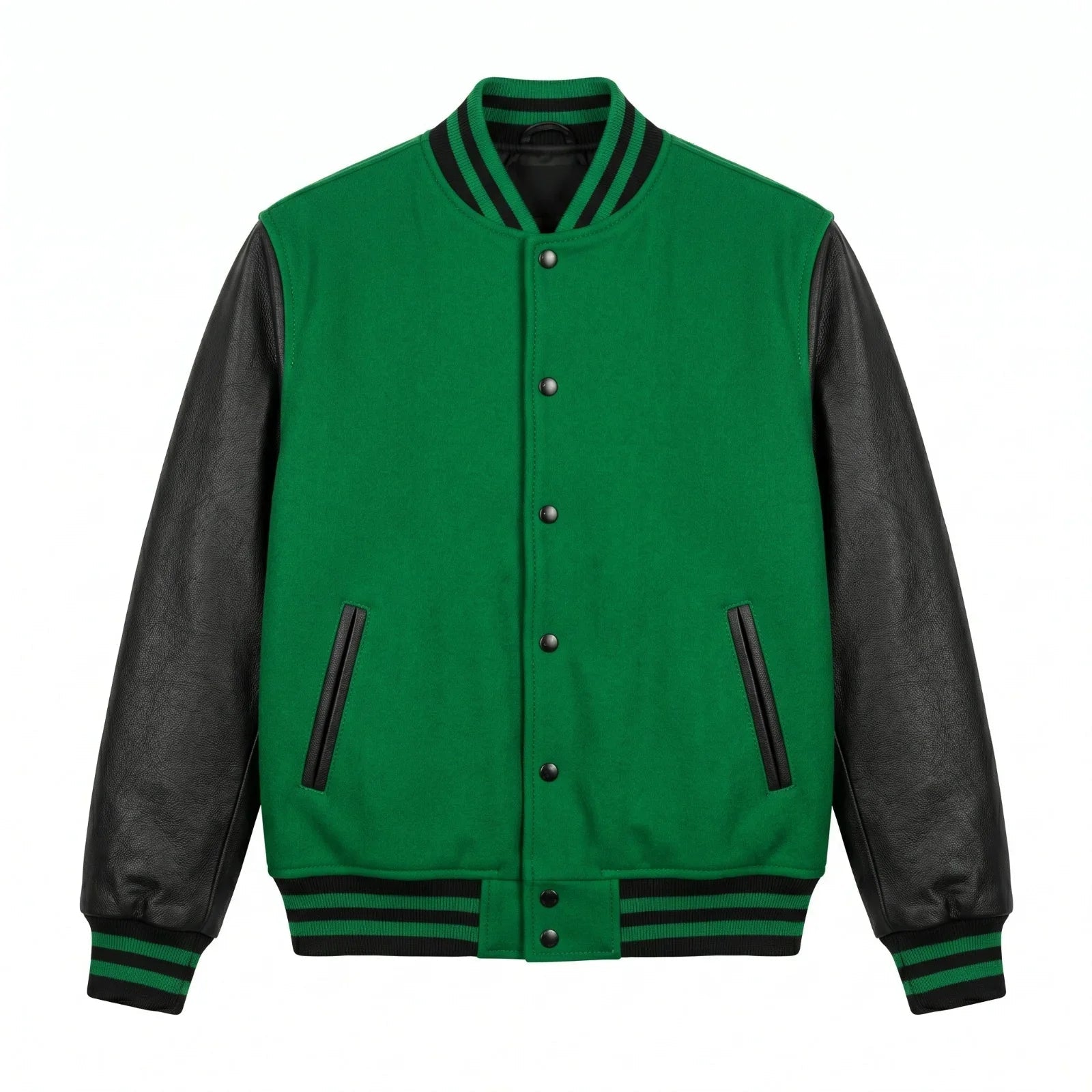 Kelly Green Body Black Sleeve Varsity Jacket – Custom Letterman Jacket Streetwear for Men & Women by DesignMyVarsity
