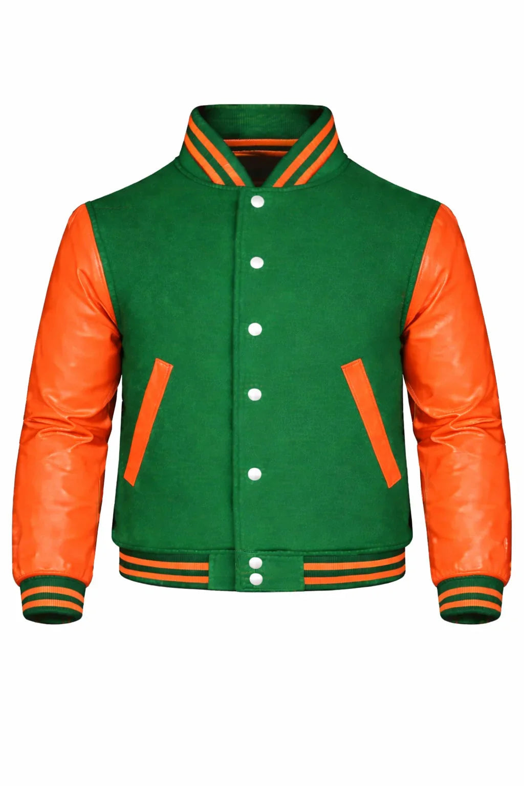 Kelly Green Body Orange Sleeve Varsity Jacket – Custom Letterman Jacket Streetwear for Men & Women by DesignMyVarsity