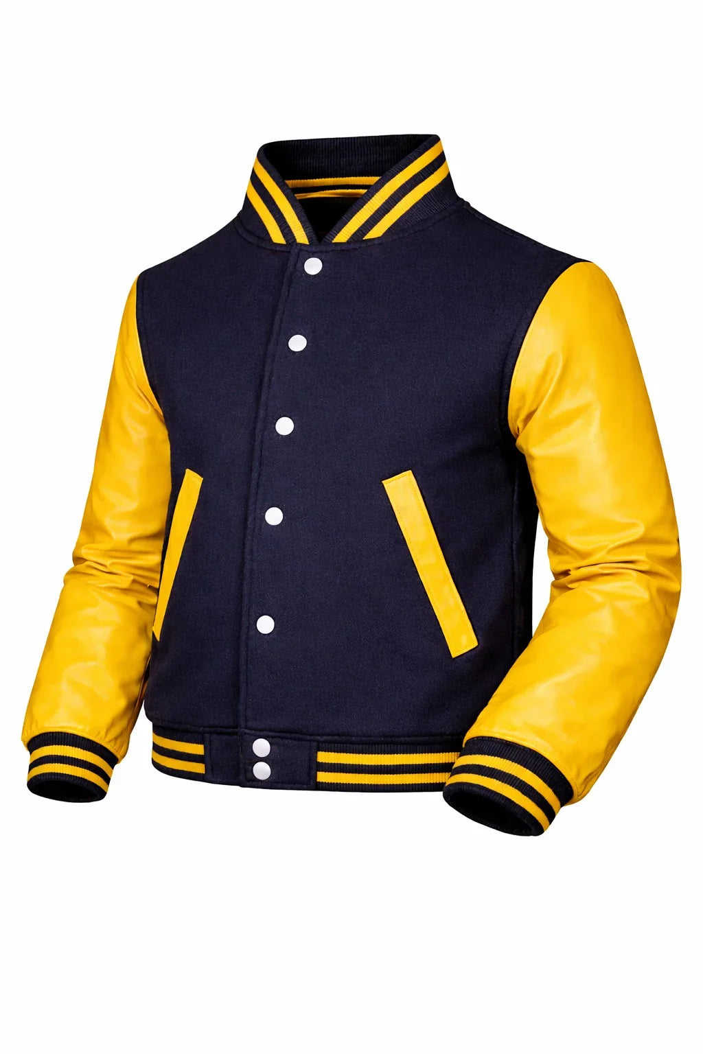Navy Body Yellow Sleeve Varsity Jacket – Custom Letterman Jacket Streetwear for Men & Women by DesignMyVarsity