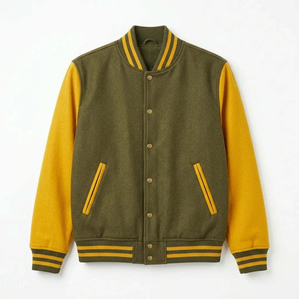 Olive Green Body Yellow Sleeve Varsity Jacket – Custom Letterman Jacket Streetwear for Men & Women by DesignMyVarsity