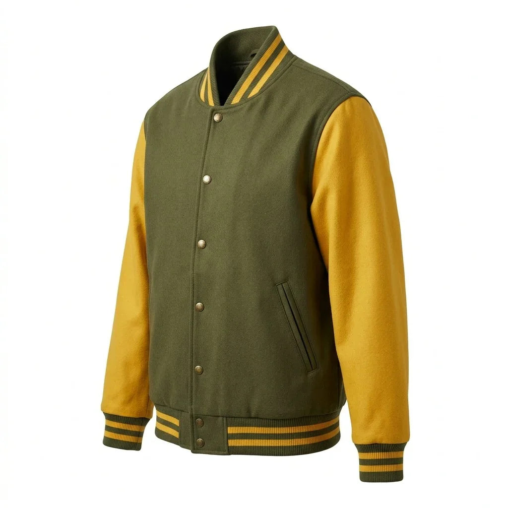 Olive Green Body Yellow Sleeve Varsity Jacket – Custom Letterman Jacket Streetwear for Men & Women by DesignMyVarsity