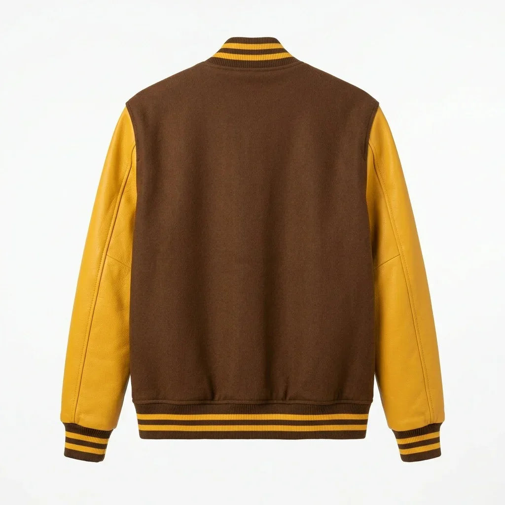 Brown Body Yellow Sleeve Varsity Jacket – Custom Letterman Jacket Streetwear for Men & Women by DesignMyVarsity
