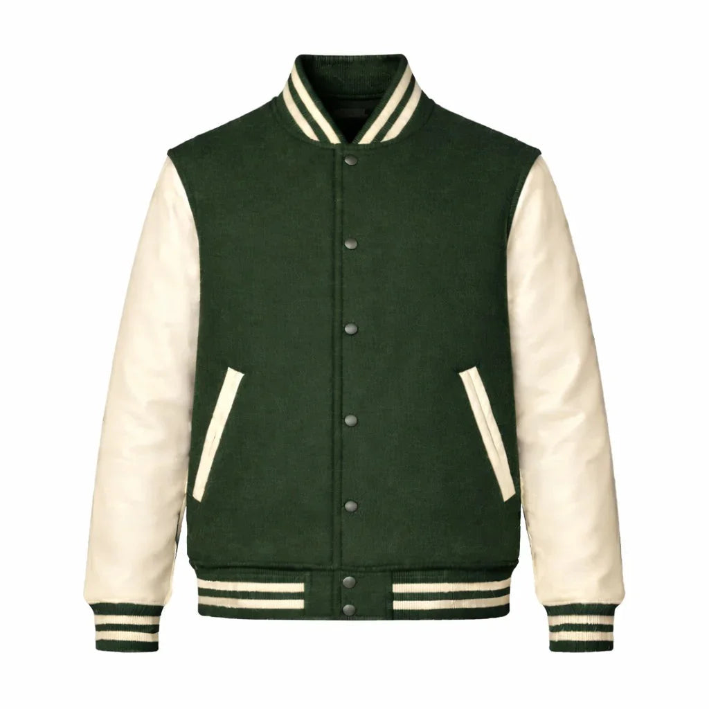 Green Body Cream Sleeve Varsity Jacket – Custom Letterman Jacket Streetwear for Men & Women by DesignMyVarsity