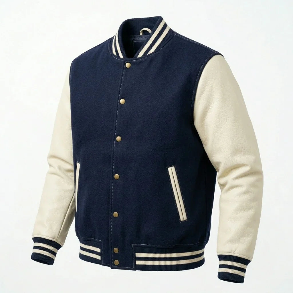 Navy Body Cream Sleeve Varsity Jacket – Custom Letterman Jacket Streetwear for Men & Women by DesignMyVarsity