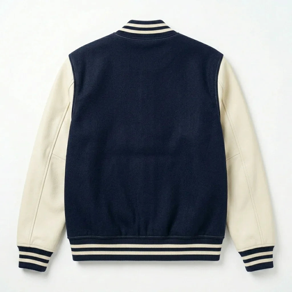 Navy Body Cream Sleeve Varsity Jacket – Custom Letterman Jacket Streetwear for Men & Women by DesignMyVarsity