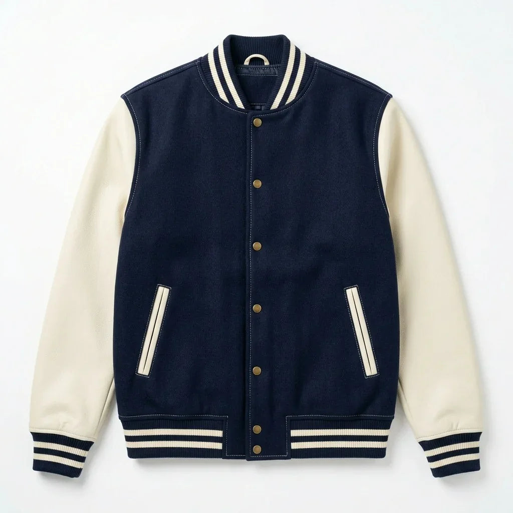 Navy Body Cream Sleeve Varsity Jacket – Custom Letterman Jacket Streetwear for Men & Women by DesignMyVarsity