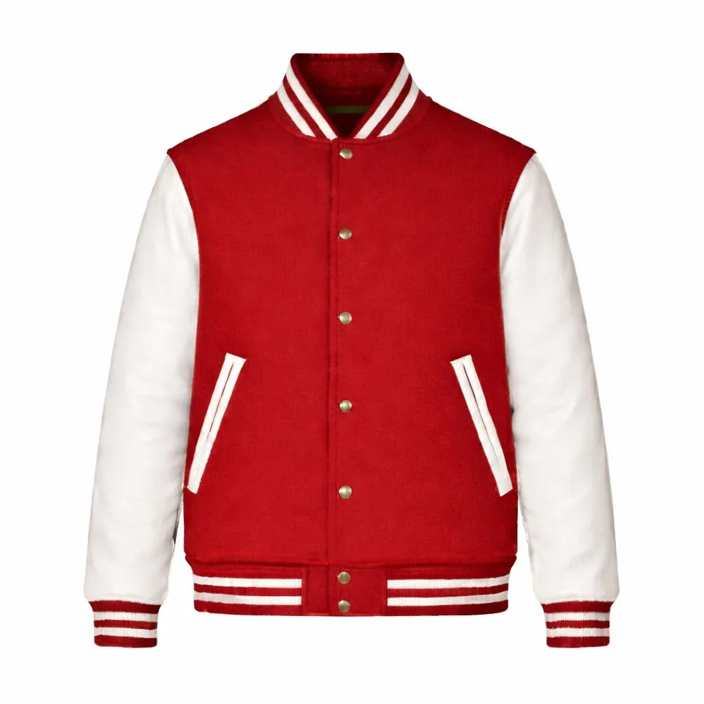 Red Body White Sleeve Varsity Jacket – Custom Letterman Jacket Streetwear for Men & Women by DesignMyVarsity