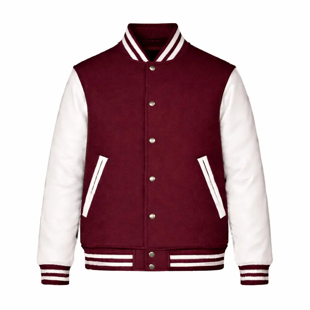 Maroon Body White Sleeve Varsity Jacket – Custom Letterman Jacket Streetwear for Men & Women by DesignMyVarsity