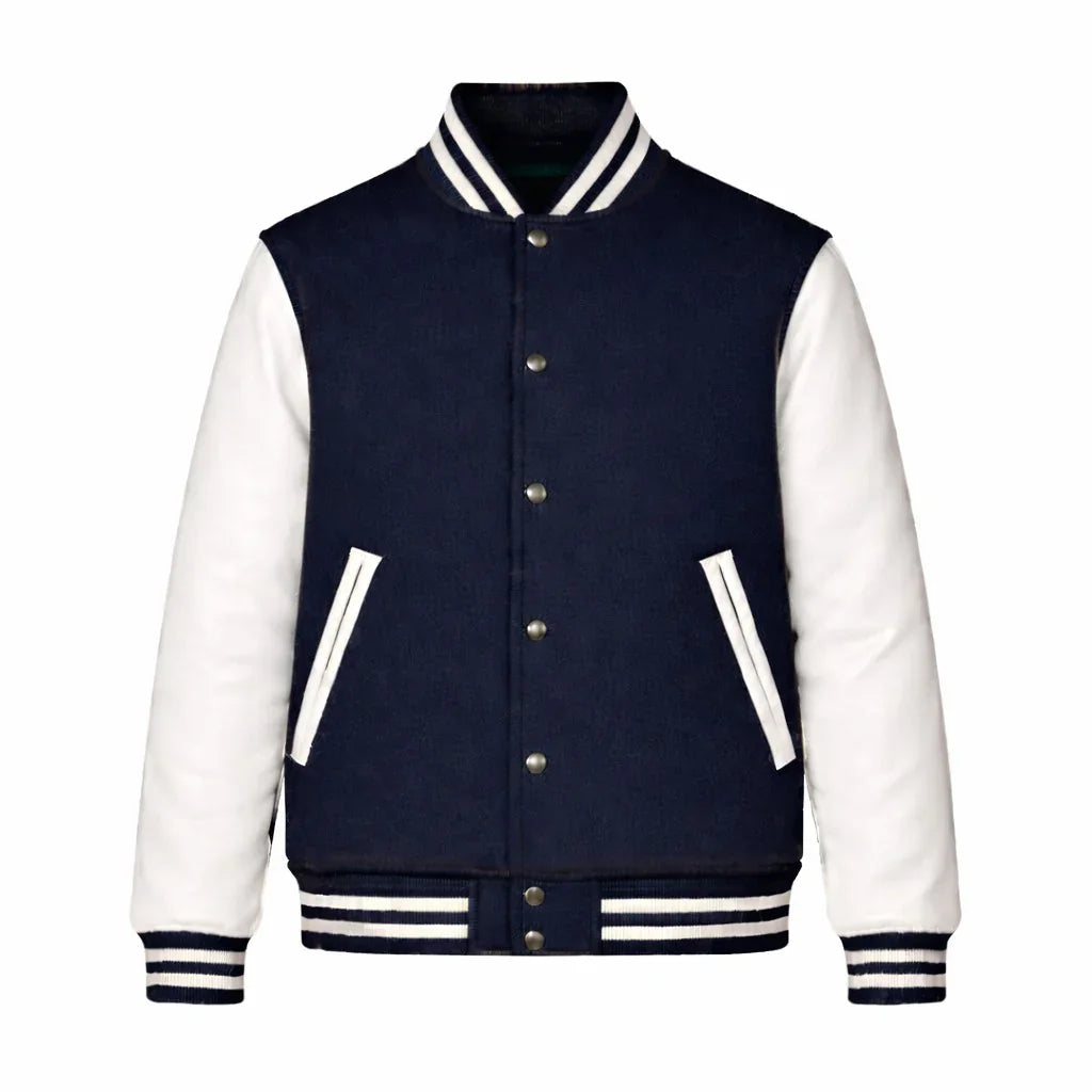 Navy Body White Sleeve Varsity Jacket – Custom Letterman Jacket Streetwear for Men & Women by DesignMyVarsity