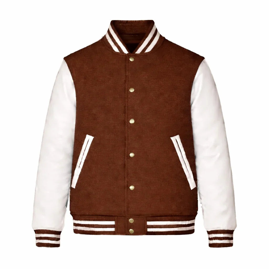 Brown Body White Sleeve Varsity Jacket – Custom Letterman Jacket Streetwear for Men & Women by DesignMyVarsity