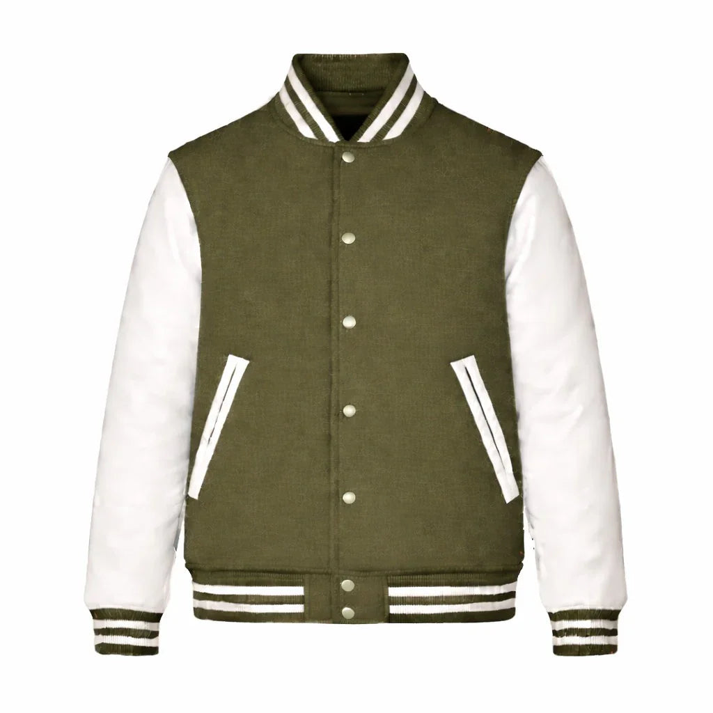 Olive Green Body White Sleeve Varsity Jacket – Custom Letterman Jacket Streetwear for Men & Women by DesignMyVarsity