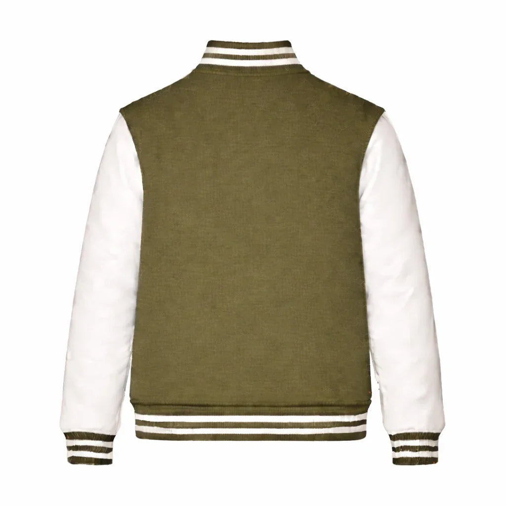 Olive Green Body White Sleeve Varsity Jacket – Custom Letterman Jacket Streetwear for Men & Women by DesignMyVarsity
