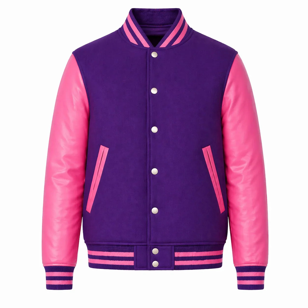 Purple Body Pink Sleeve Varsity Jacket – Custom Letterman Jacket Streetwear for Men & Women by DesignMyVarsity