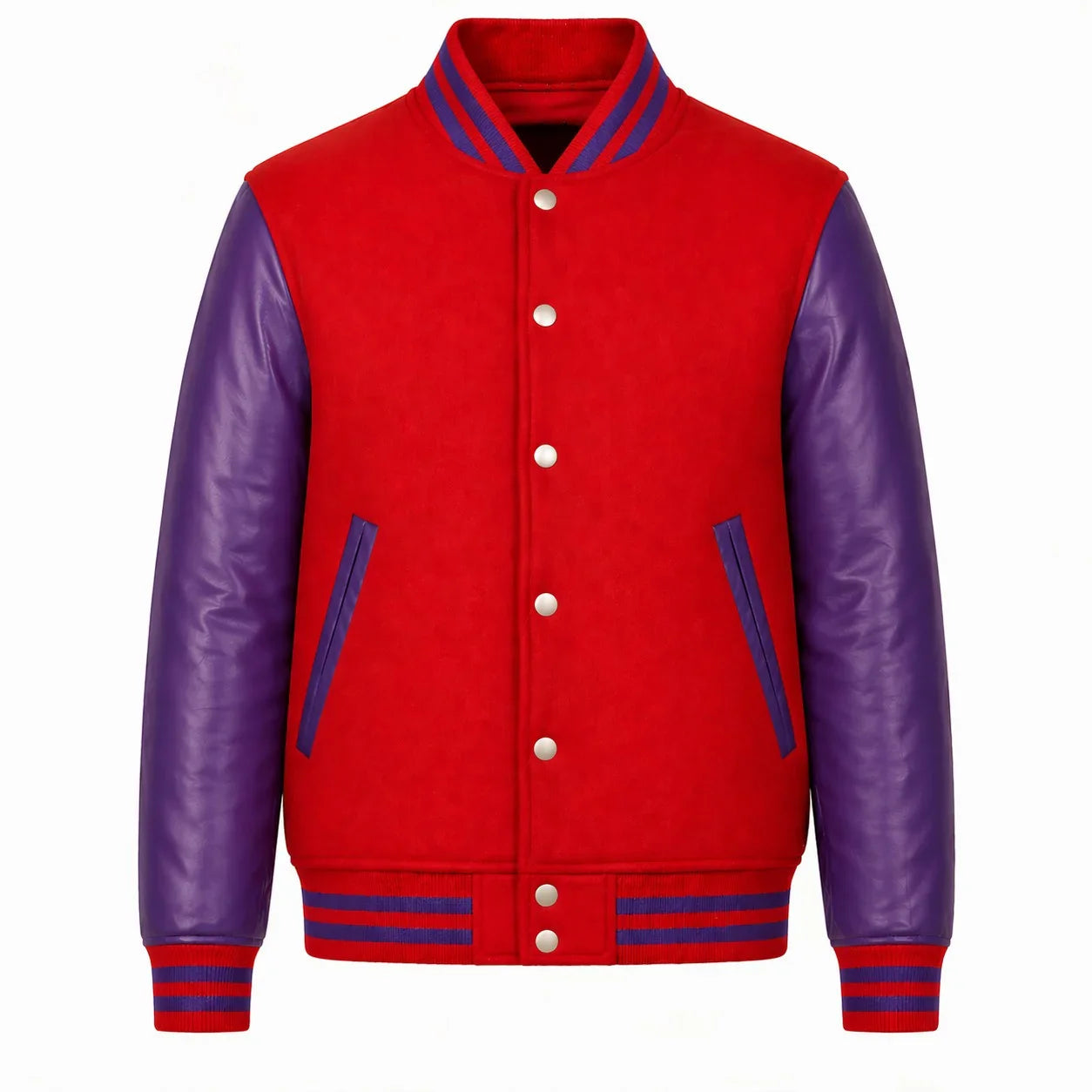 Red Body Purple Sleeve Varsity Jacket – Custom Letterman Jacket Streetwear for Men & Women by DesignMyVarsity