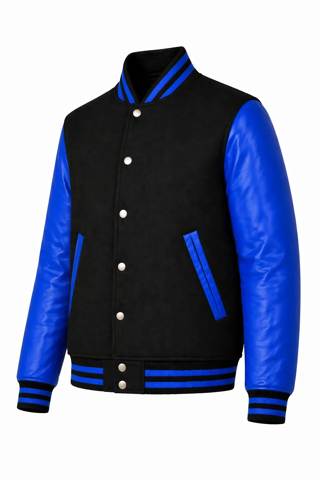 Black Body Blue Sleeve Varsity Jacket – Custom Letterman Jacket Streetwear for Men & Women by DesignMyVarsity