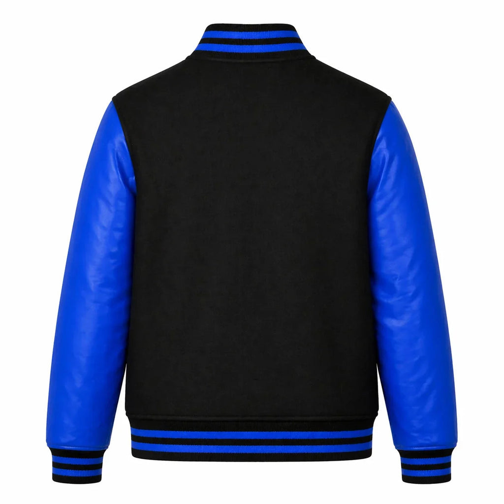 Black Body Blue Sleeve Varsity Jacket – Custom Letterman Jacket Streetwear for Men & Women by DesignMyVarsity