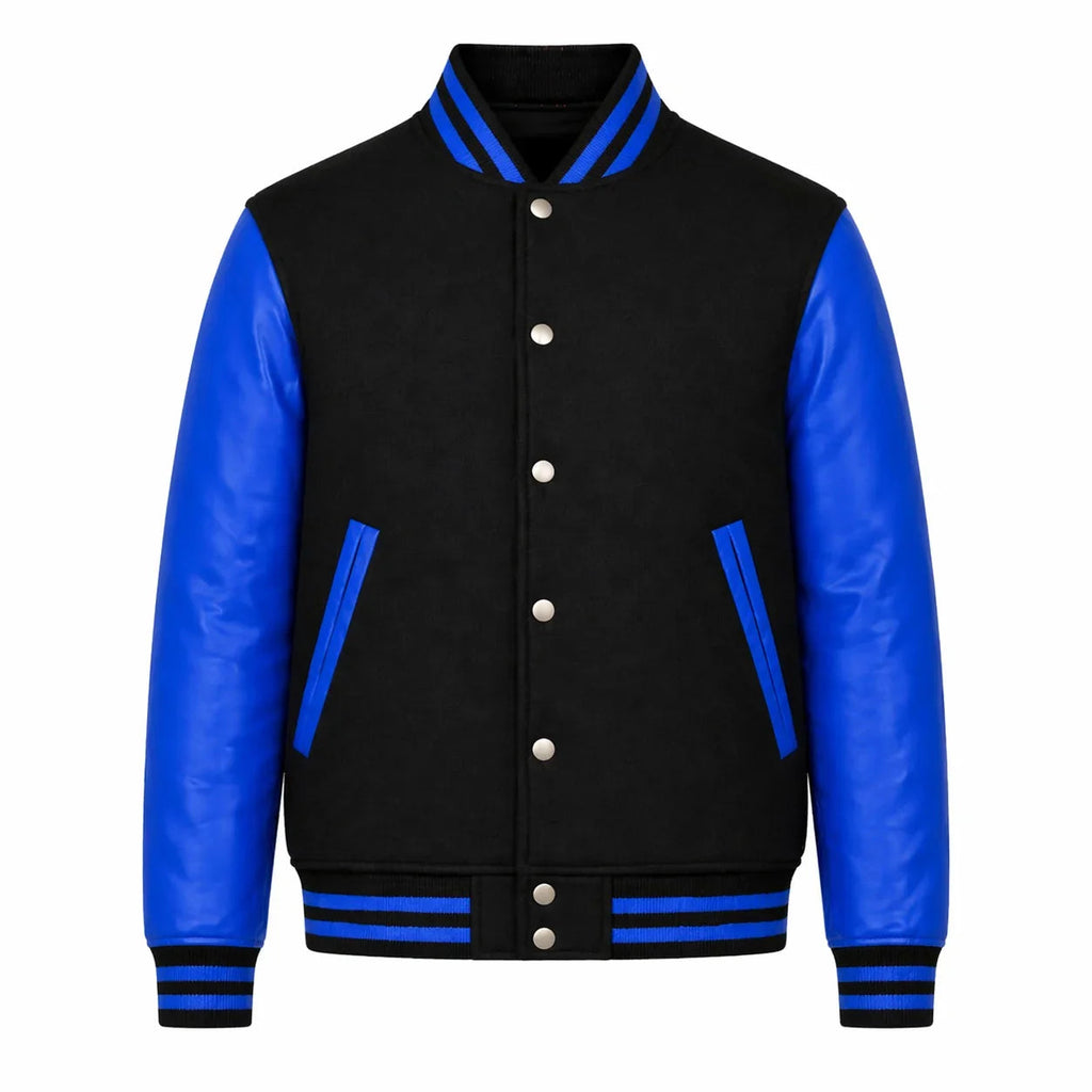 Black Body Blue Sleeve Varsity Jacket – Custom Letterman Jacket Streetwear for Men & Women by DesignMyVarsity