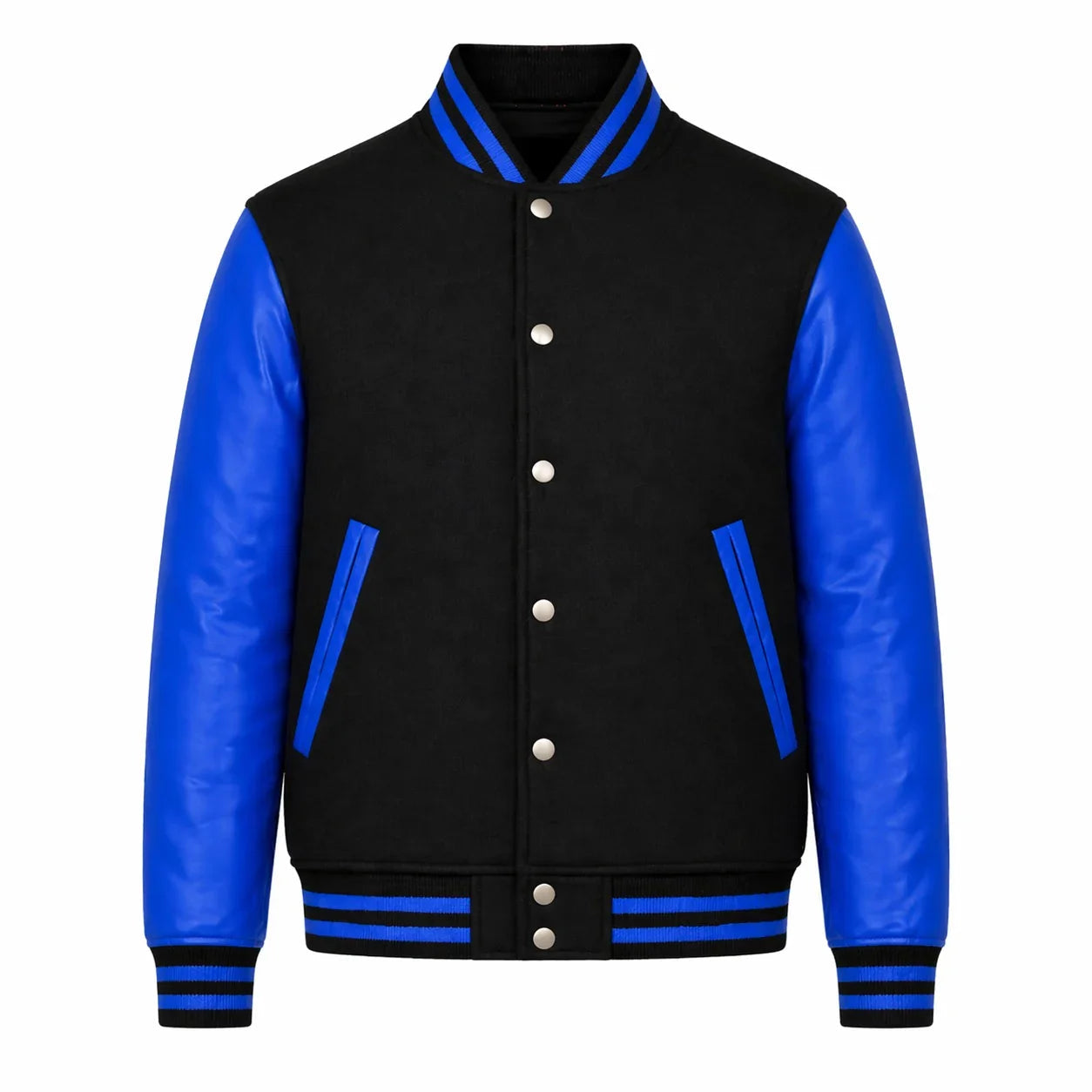 Black Body Blue Sleeve Varsity Jacket – Custom Letterman Jacket Streetwear for Men & Women by DesignMyVarsity