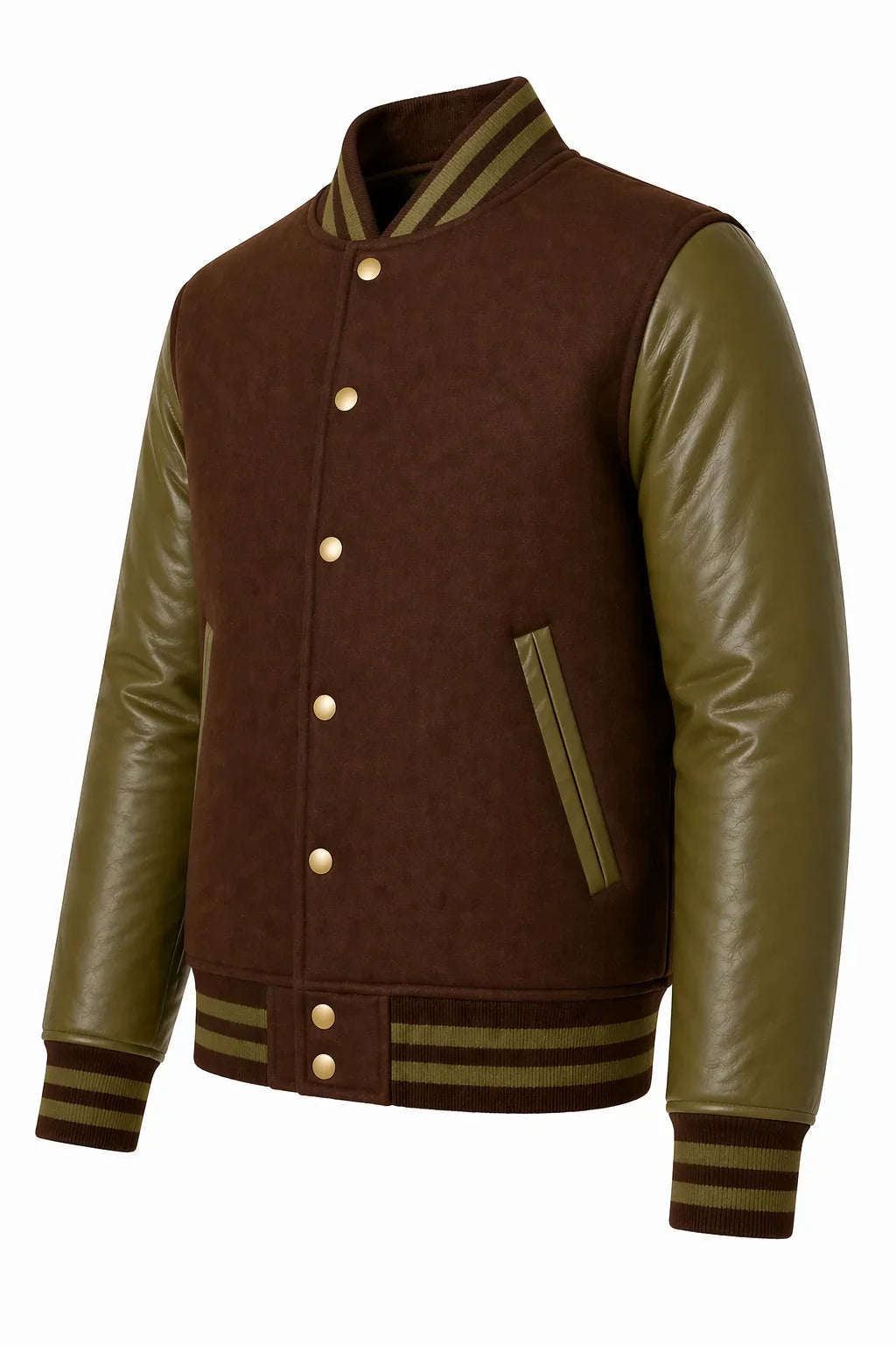 Brown Body Olive Green Sleeve Varsity Jacket – Custom Letterman Jacket Streetwear for Men & Women by DesignMyVarsity