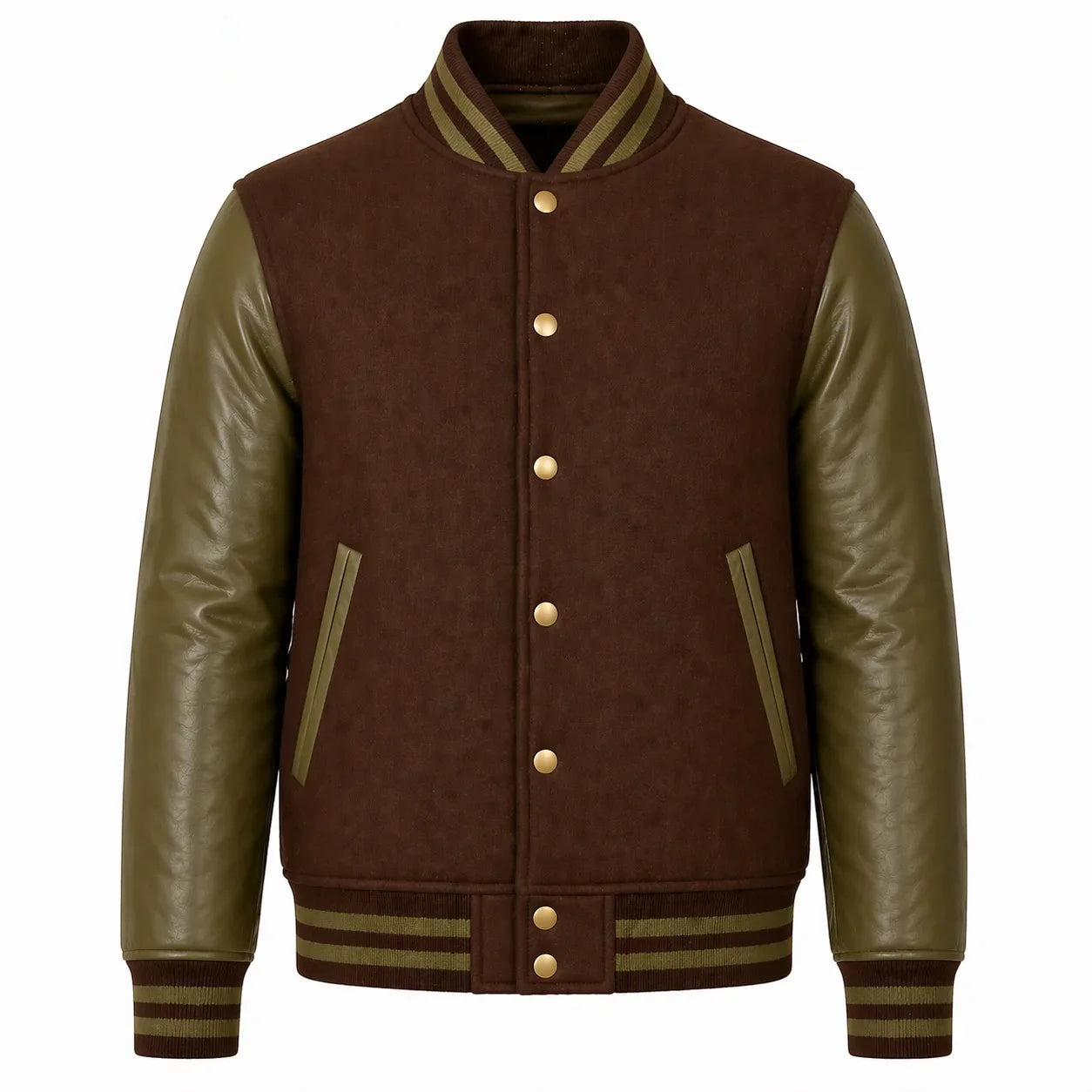 Brown Body Olive Green Sleeve Varsity Jacket – Custom Letterman Jacket Streetwear for Men & Women by DesignMyVarsity