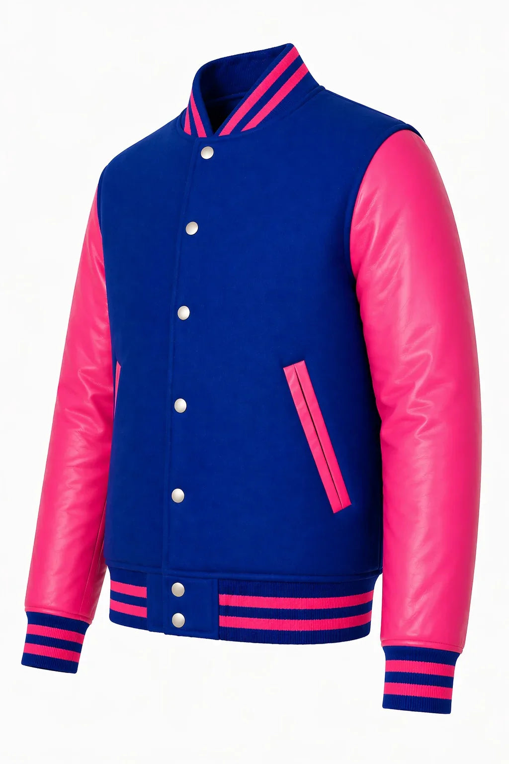 Royal Blue Body Pink Sleeve Varsity Jacket – Custom Letterman Jacket Streetwear for Men & Women by DesignMyVarsity