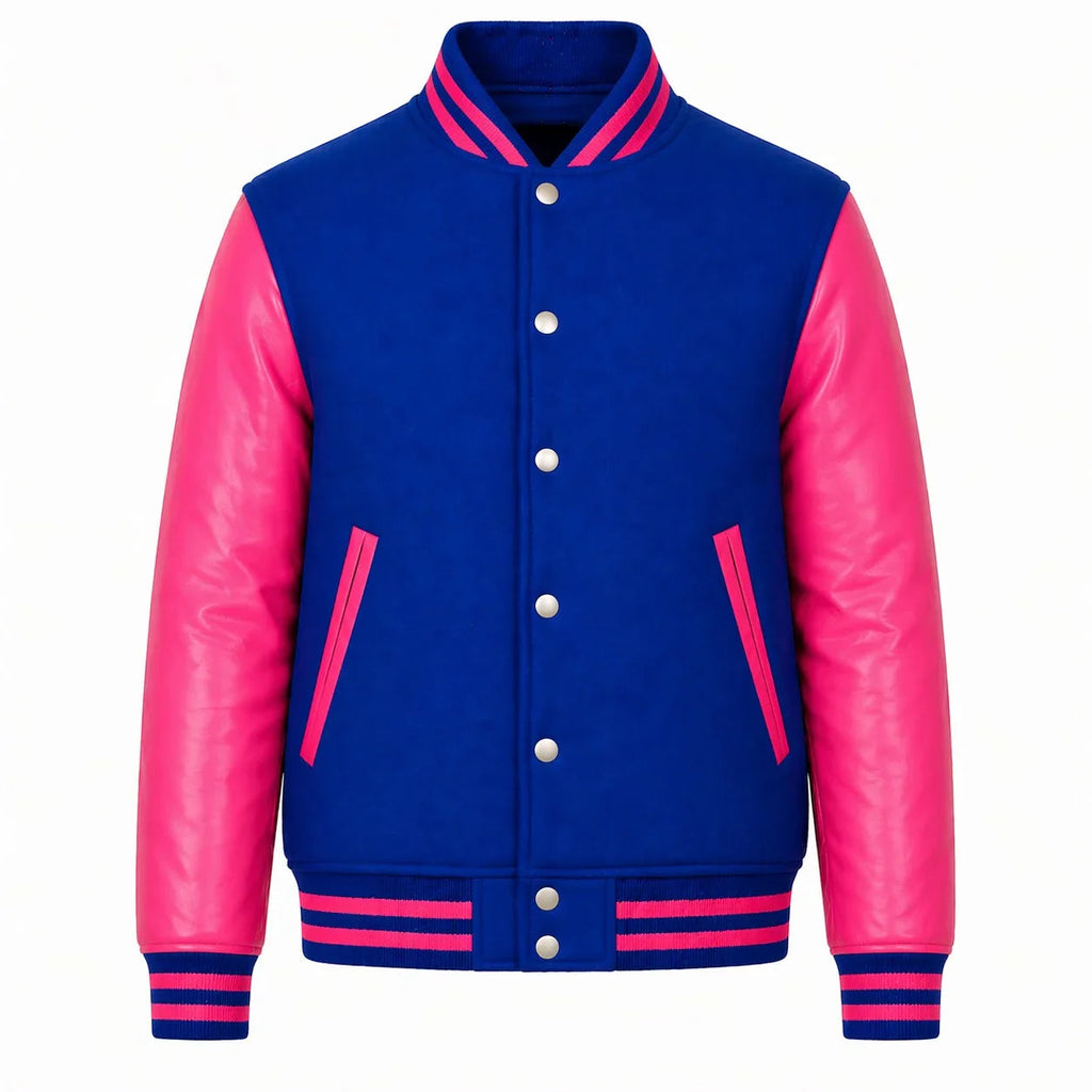 Royal Blue Body Pink Sleeve Varsity Jacket – Custom Letterman Jacket Streetwear for Men & Women by DesignMyVarsity