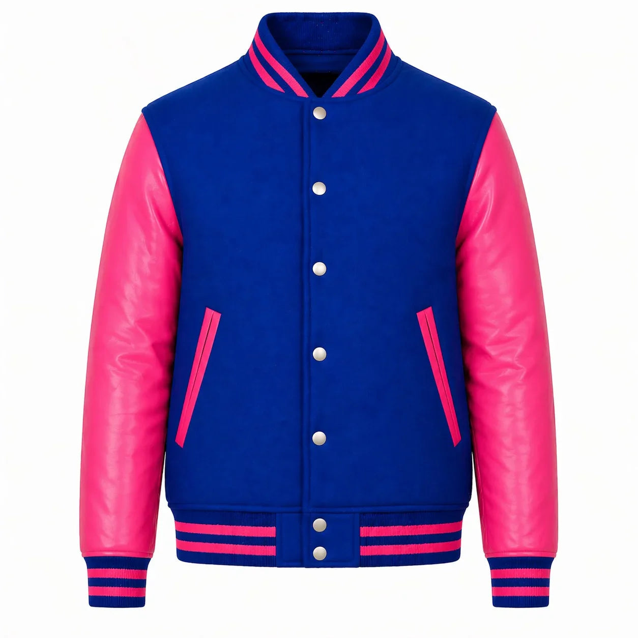 Royal Blue Body Pink Sleeve Varsity Jacket – Custom Letterman Jacket Streetwear for Men & Women by DesignMyVarsity