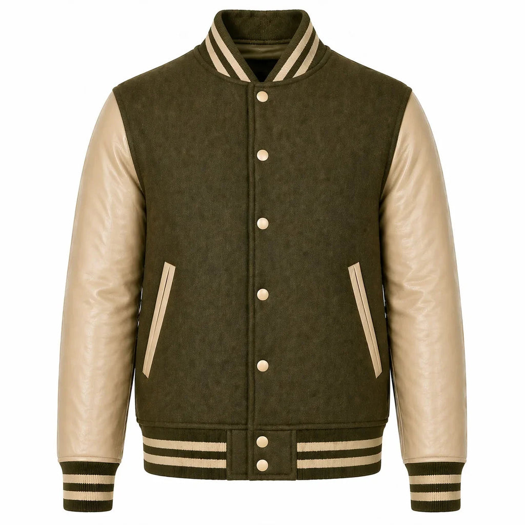 Olive Body Cream Sleeve Varsity Jacket – Custom Letterman Jacket Streetwear for Men & Women by DesignMyVarsity