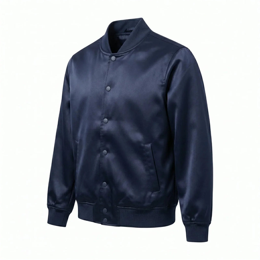 Navy Blue Satin Varsity Jacket – Custom Letterman Jacket Streetwear for Men & Women by DesignMyVarsity