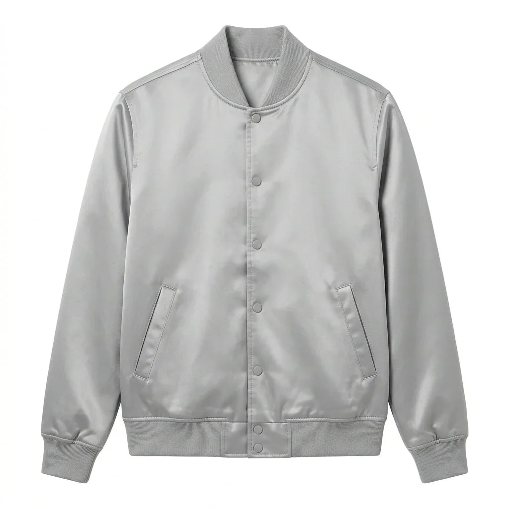 Silver Satin Varsity Jacket – Custom Letterman Jacket Streetwear for Men & Women by DesignMyVarsity